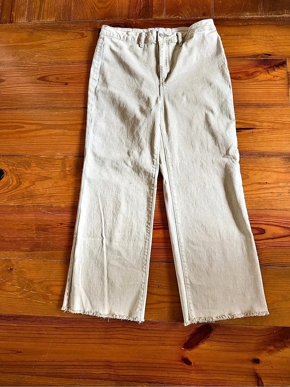 ZENANA High Rise Straight Raw Hem Cropped Denim Pants Wide Leg Pants in khaki25
